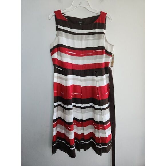 NWT Style & Co. A-Line Tie Waist Brown, White, Red, 100% Linen Midi Dress sz 14P - Picture 8 of 10
